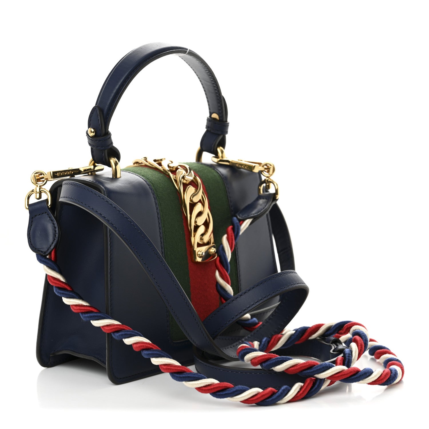 Gucci Vitello Fontanella Web Mini Sylvie Top Handle Bag Blue Agata 3 of 10