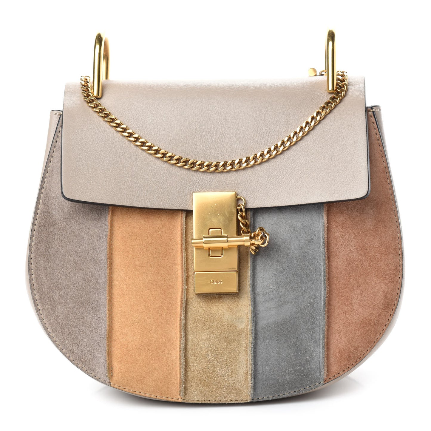 Suede Calfskin Striped Patchwork Drew Shoulder Bag Grey Multicolor