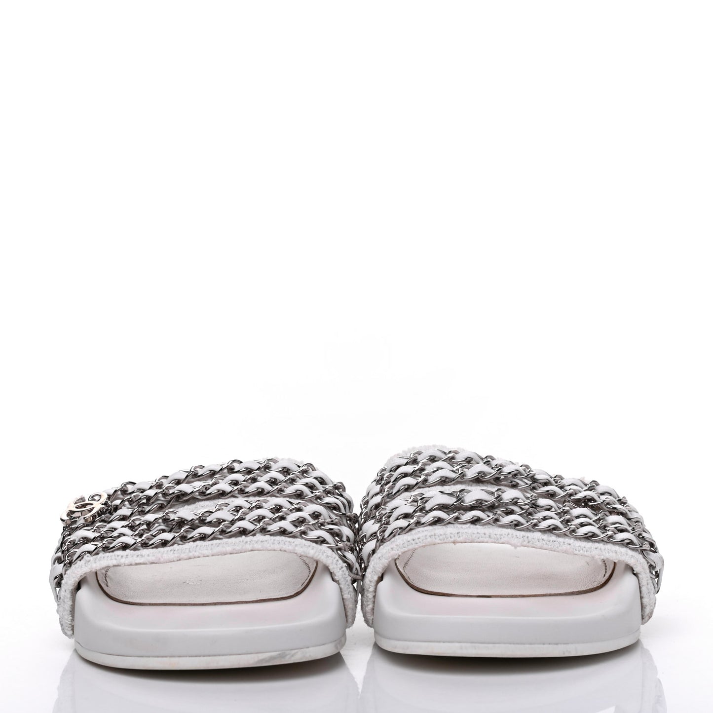 Tweed Lambskin Chain Flat Sandals 38 White