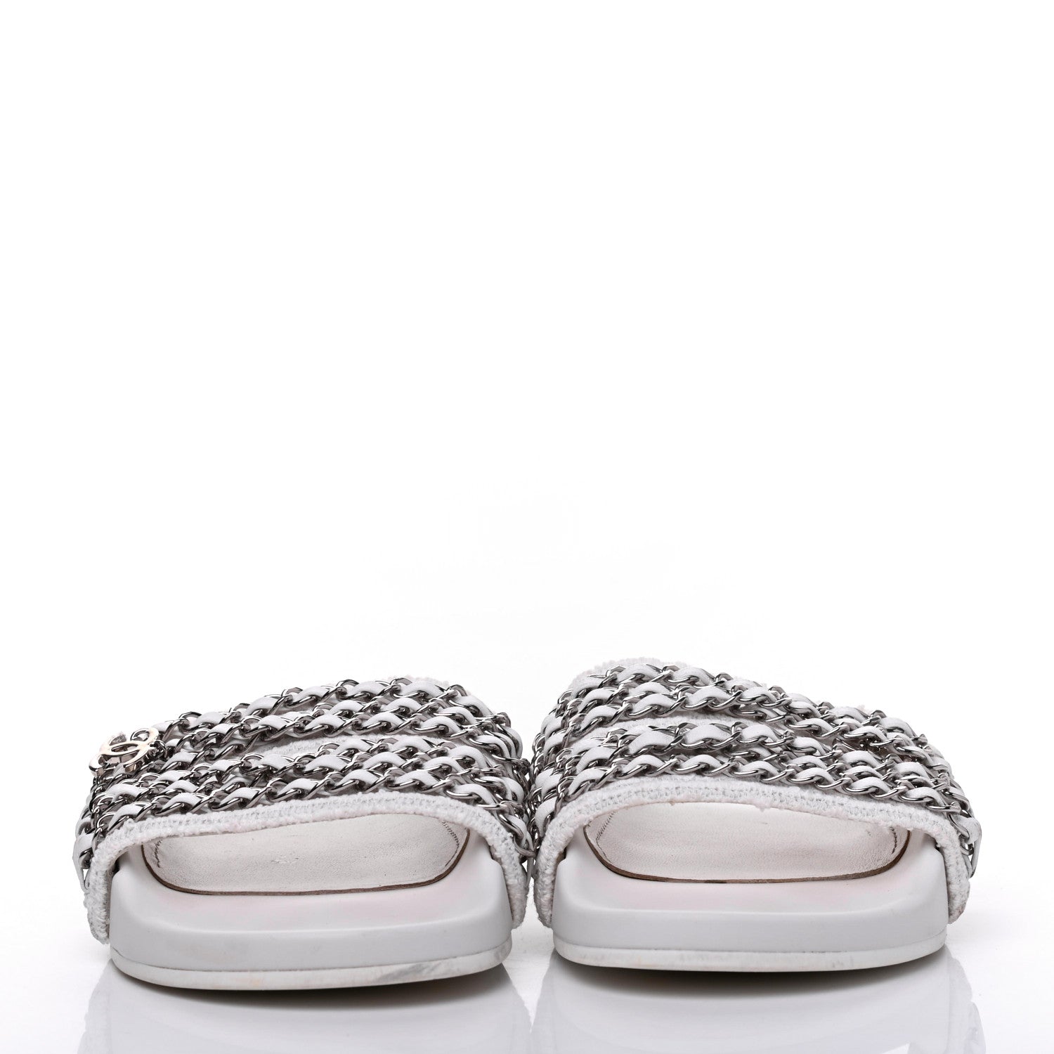 Chanel Tweed Lambskin Chain Flat Sandals 38 White 2 of 12