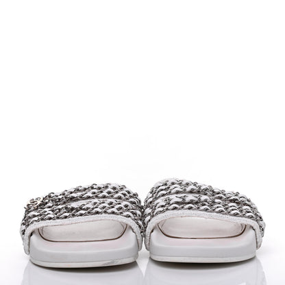 Chanel Tweed Lambskin Chain Flat Sandals 38 White 2 of 12
