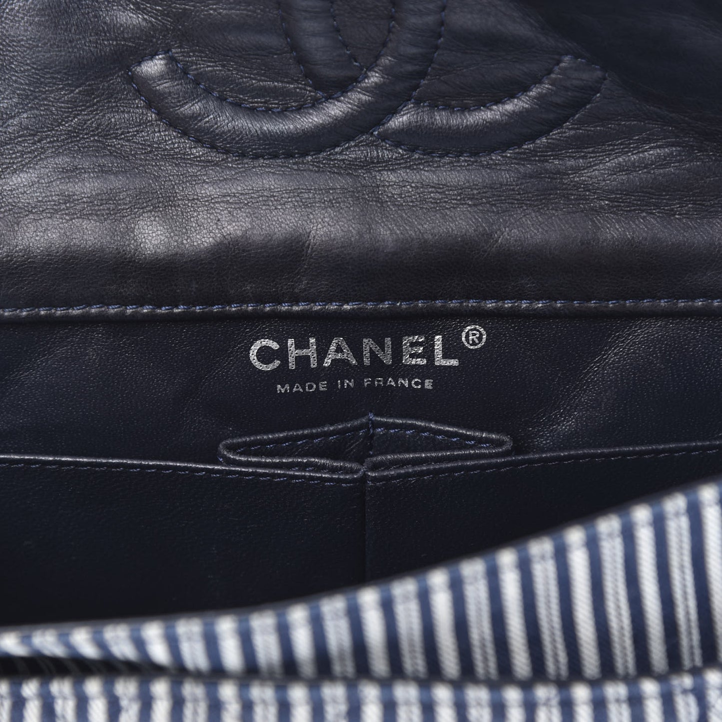 Denim Striped Quilted Medium Double Flap Navy White