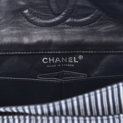 Chanel Denim Striped Quilted Medium Double Flap Navy White 6 of 11