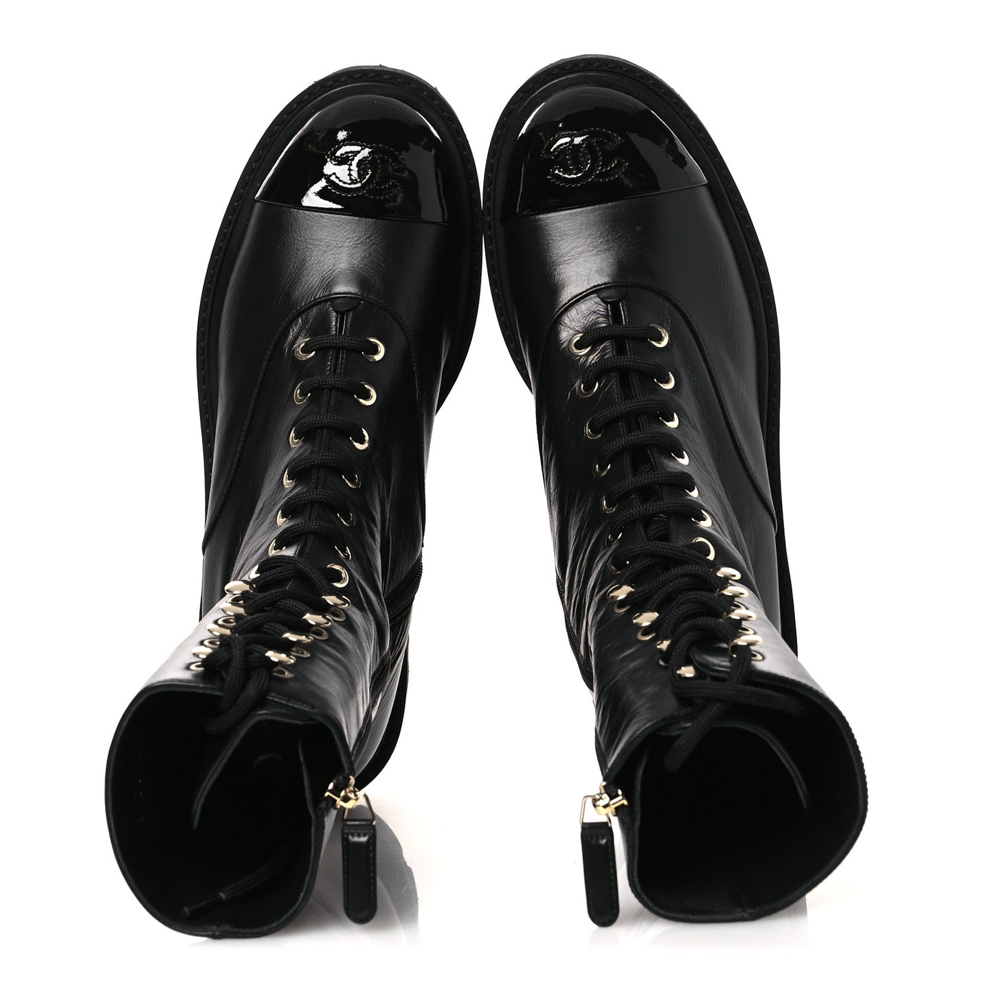 Crumpled Calfskin Patent Cap Toe Lace Up Combat Boots 39.5 Black