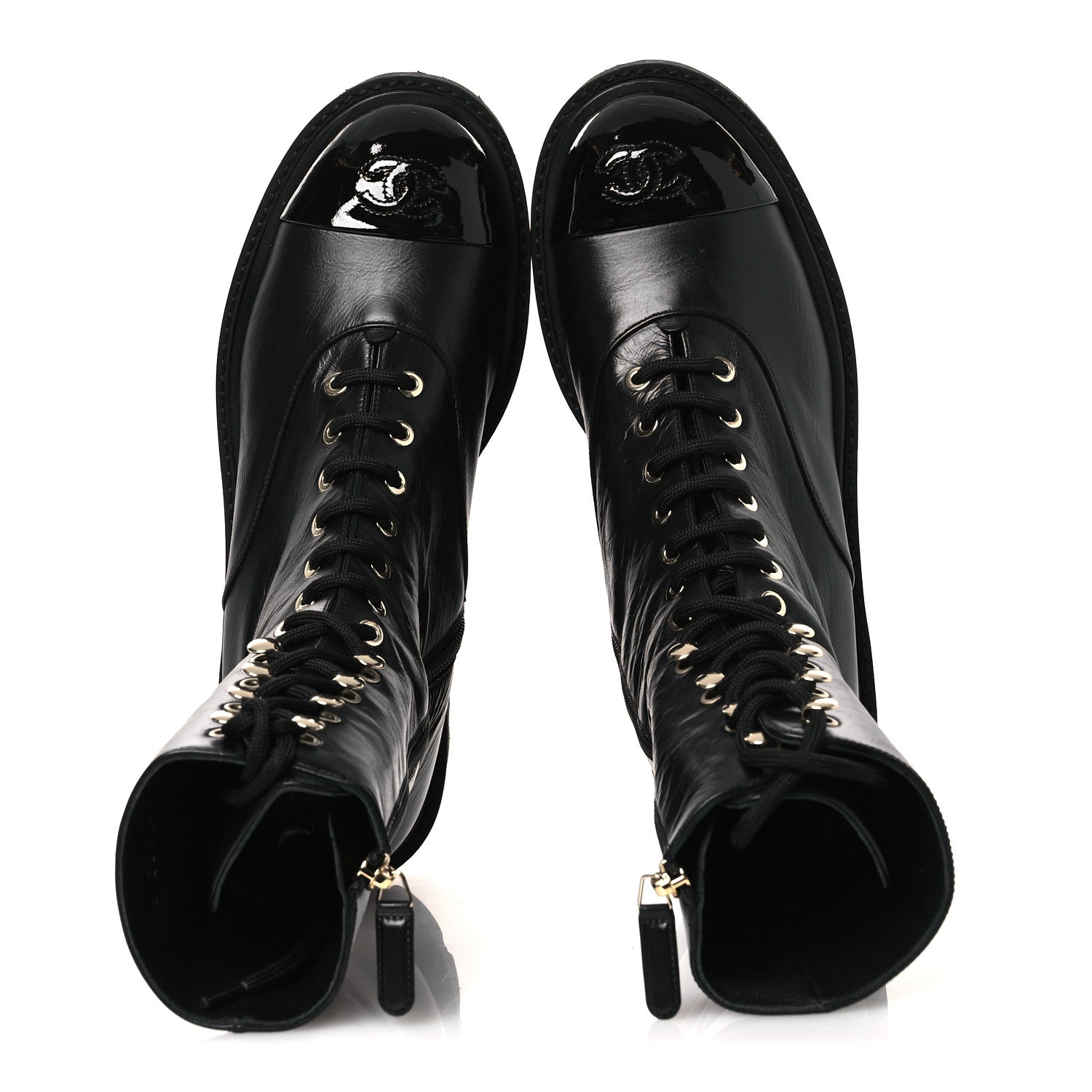 Chanel Crumpled Calfskin Patent Cap Toe Lace Up Combat Boots 39.5 Black 8 of 11