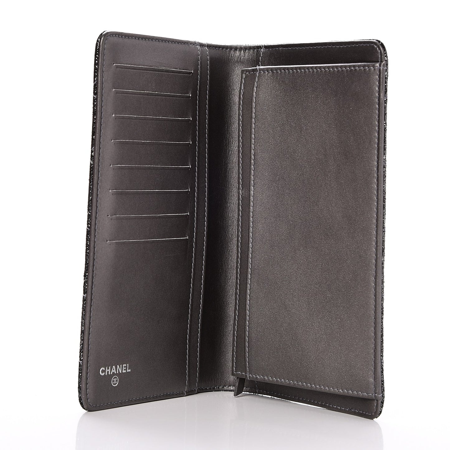 Iridescent Calfskin Quilted Tartan Button Yen Wallet Grey