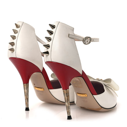 Gucci Calfskin Crystal GG Bow Sadie Spike Ankle Strap d'Orsay High Heel Pumps 35.5 White 5 of 14