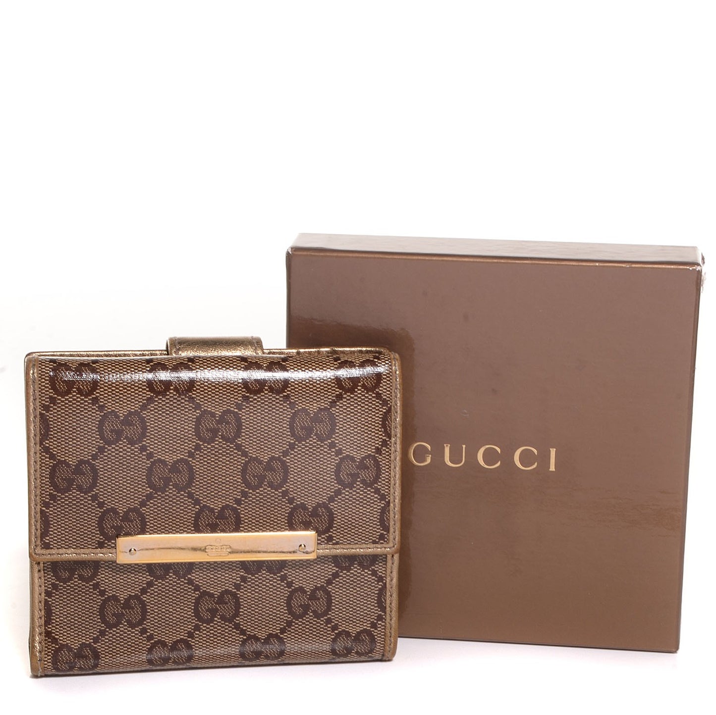 Crystal Monogram Metal Bar French Flap Wallet Metallic Gold