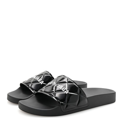 Balenciaga Patent Rubber Logo Womens Pool Slide Sandals 38 Black White 4 of 9