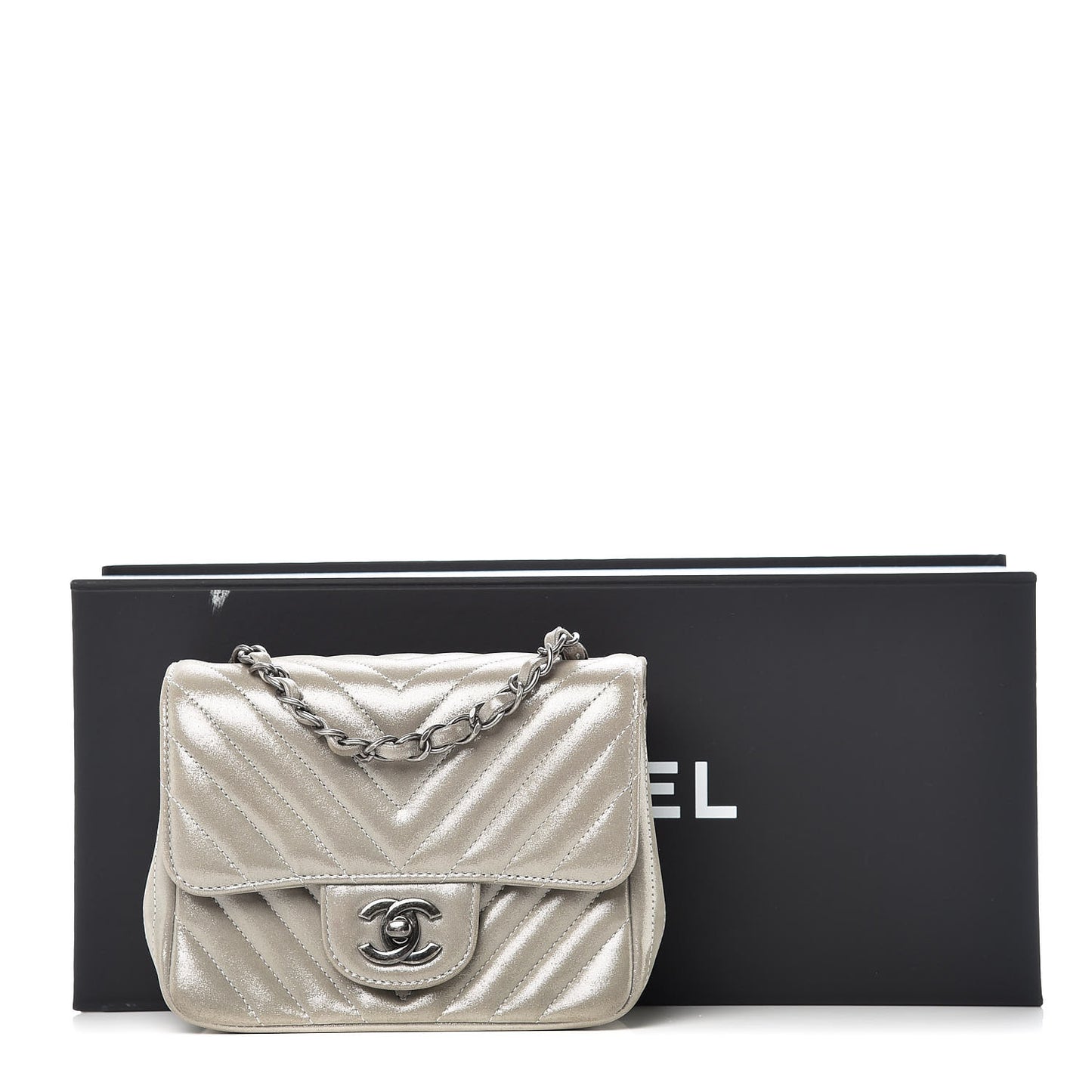 Iridescent Calfskin Chevron Quilted Mini Square Flap Silver