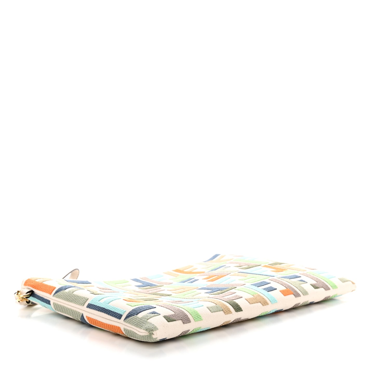 Kuban Canvas Vitello King FF Embroidered Large Flat Pouch Grezzo Multicolor Latte