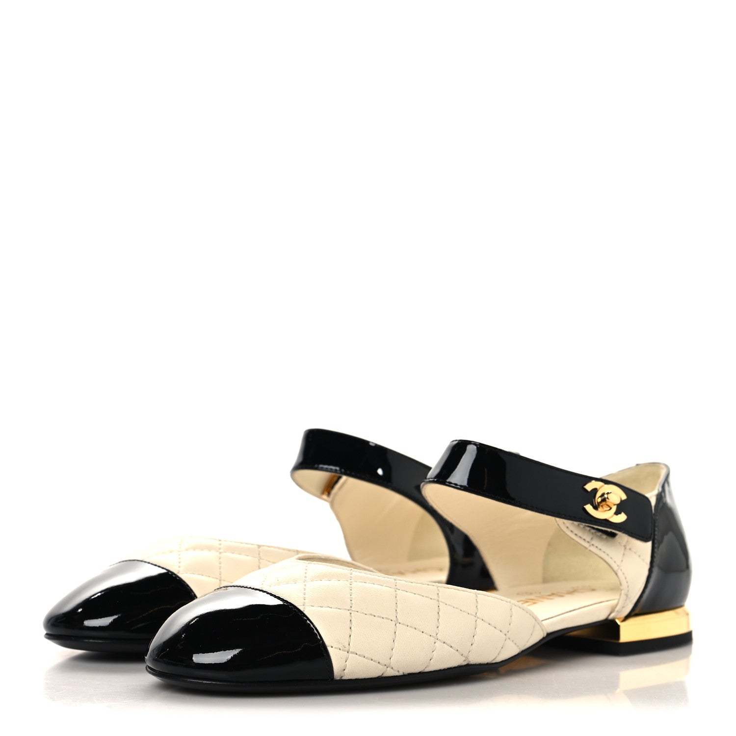 Chanel Patent Lambskin Quilted Cap Toe Ballerina Flats 37.5 Ivory Black 4 of 9