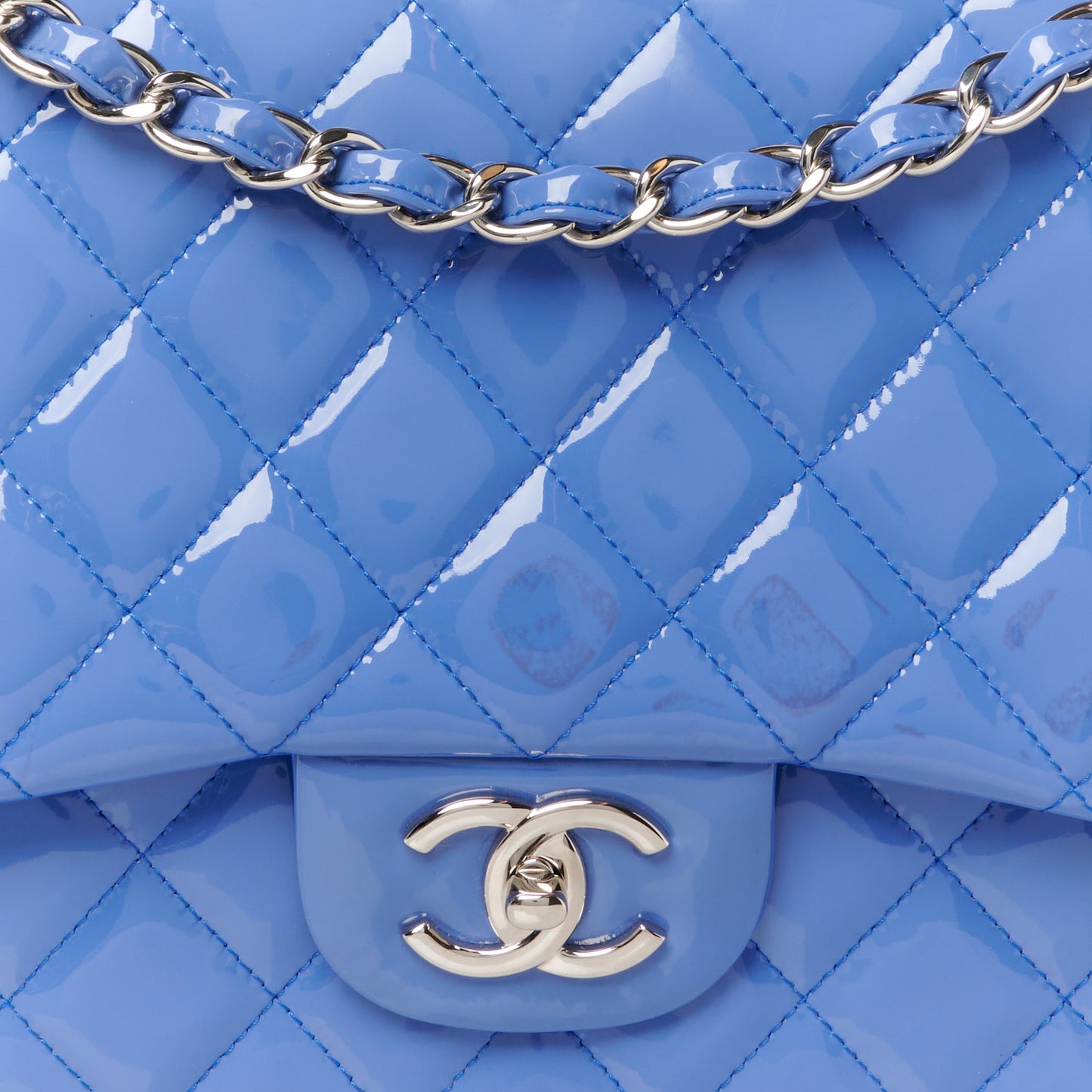 Patent Calfskin Quilted Maxi Double Flap Blue