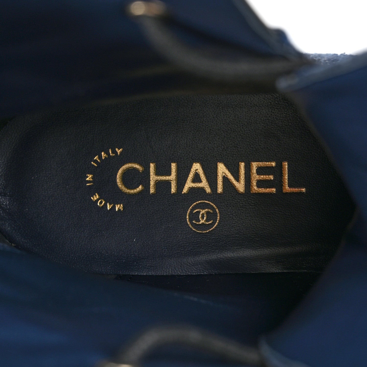 Chanel Denim Patent Lambskin Quilted CC Lace Up Combat Boots 38.5 Blue Black 7 of 9