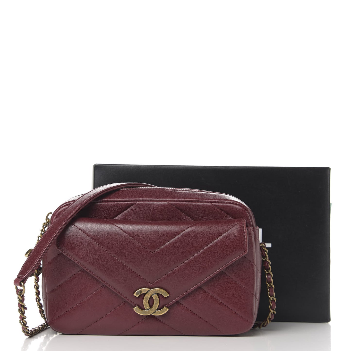 Shiny Lambskin Chevron Stitched Small Coco Camera Case Bag Burgundy