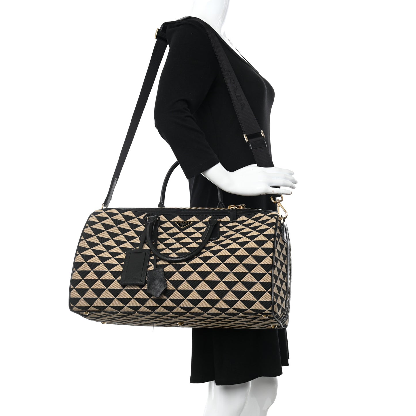 Jacquard Saffiano Triangolo Symbole Embroidered Medium Travel Bag Black Corda