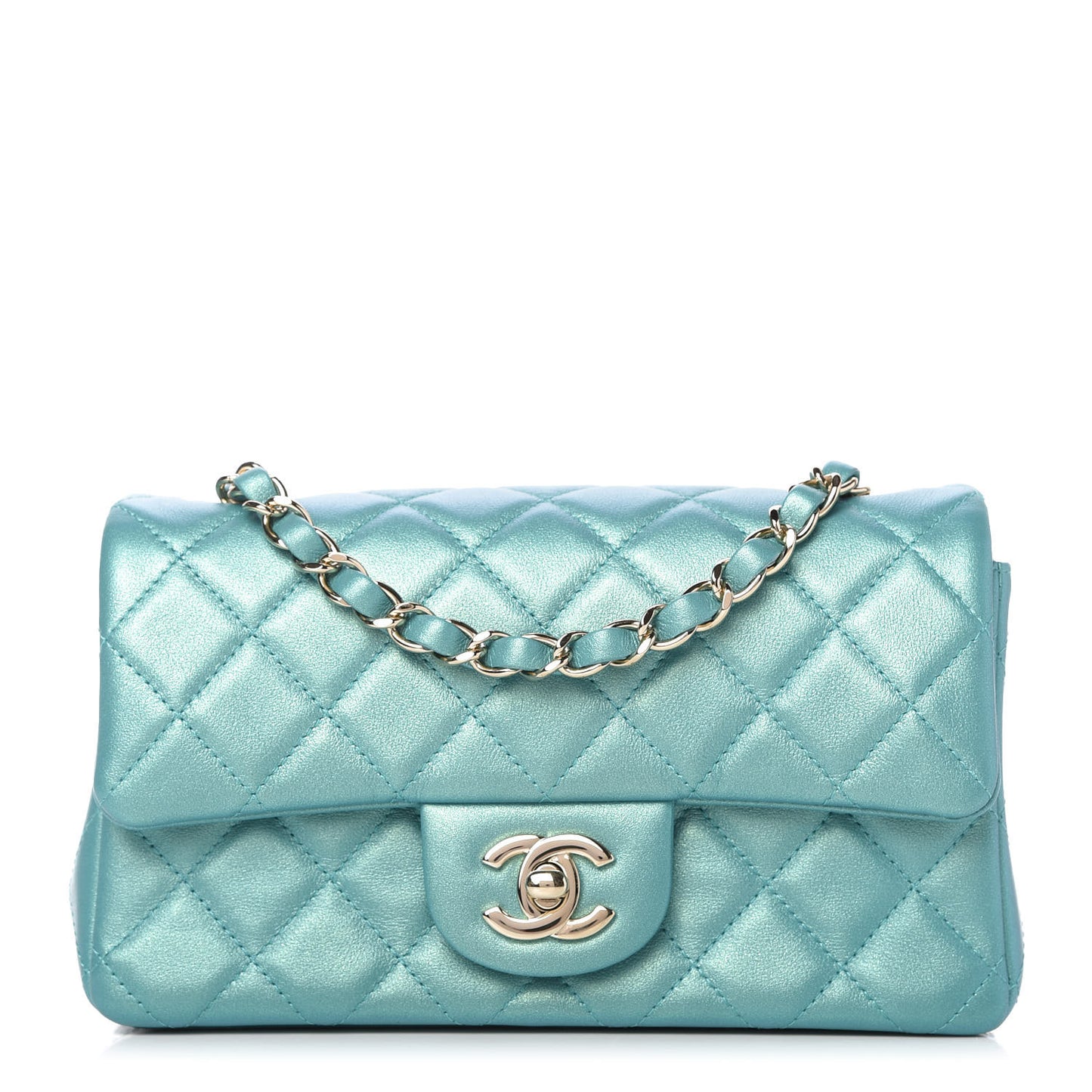 Iridescent Calfskin Quilted Mini Rectangular Flap Green