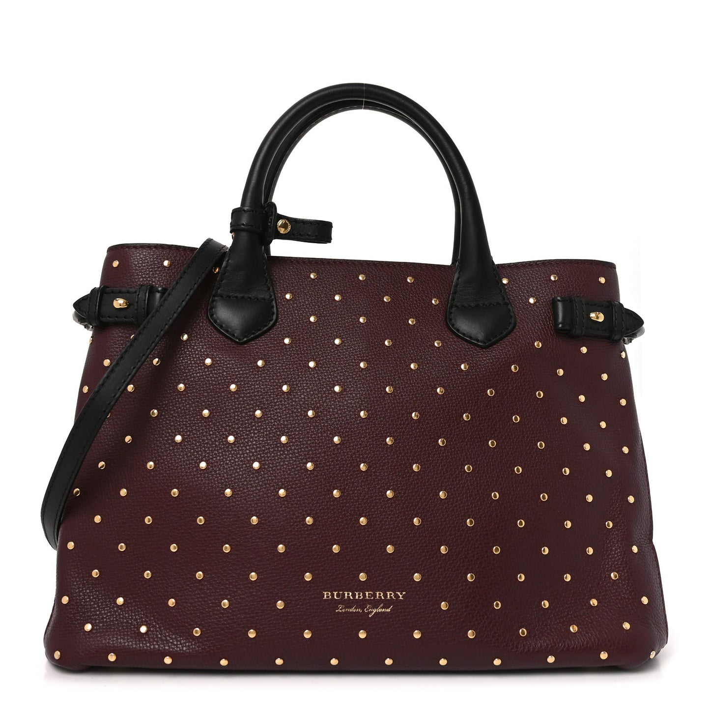 Grainy Calfskin Studded Medium Banner Tote Burgundy