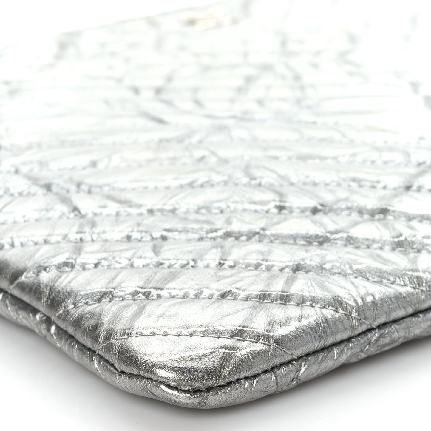 Metallic Crumpled Calfskin Chevron Quilted Large Cosmetic Case Silver
