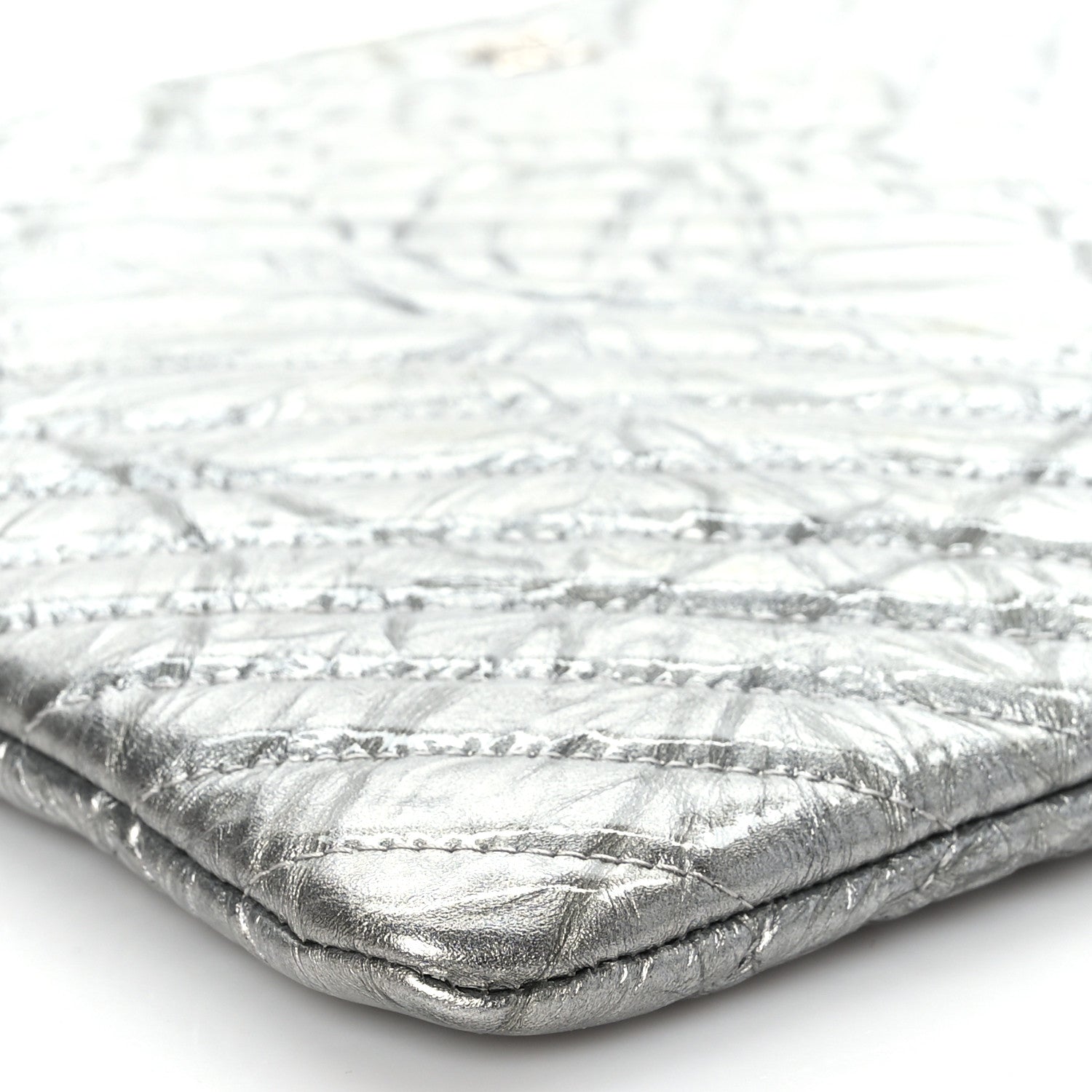 Chanel Metallic Crumpled Calfskin Chevron Quilted Large Cosmetic Case Silver 8 of 9