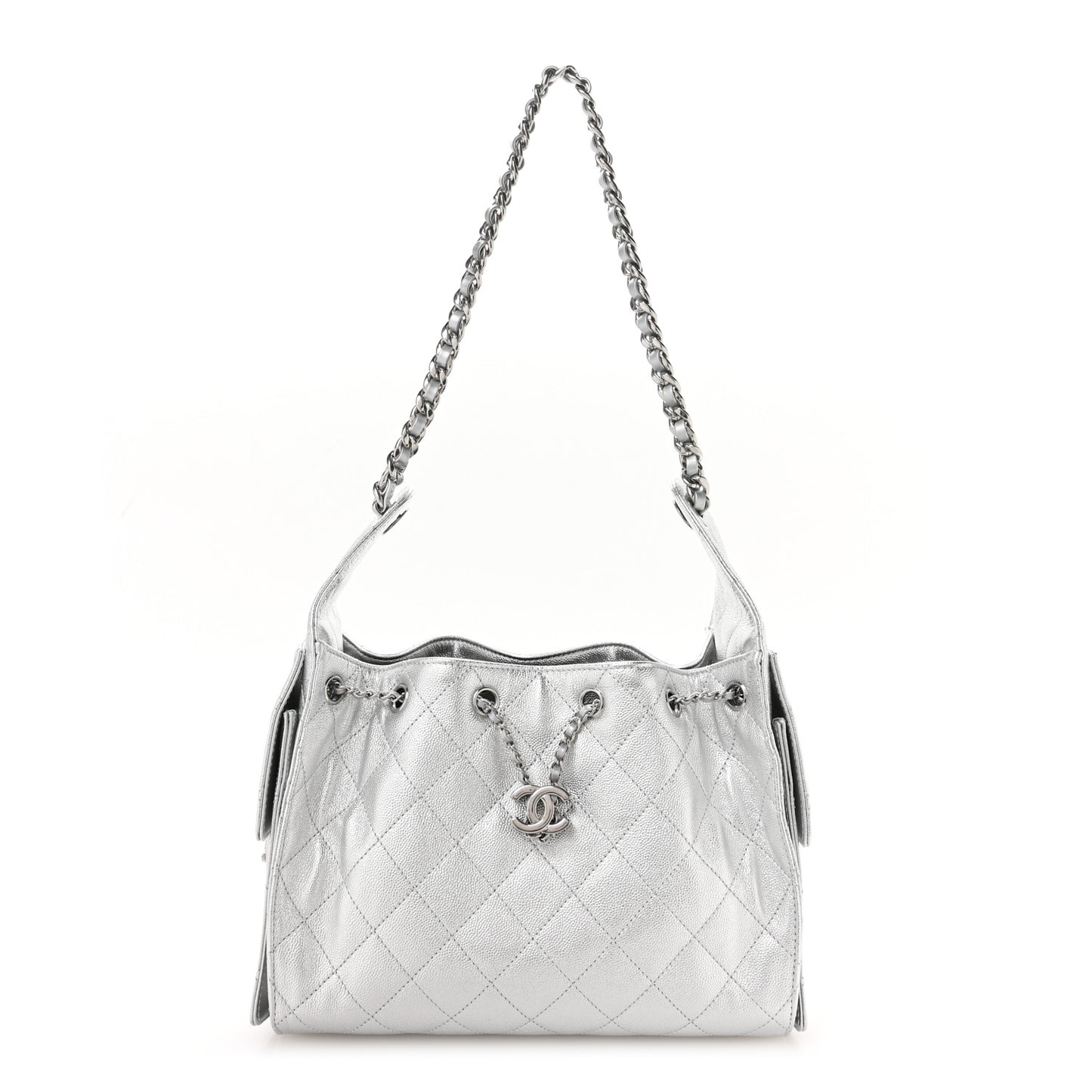 Metallic Caviar Quilted Small Chanel 25 Handbag Silver