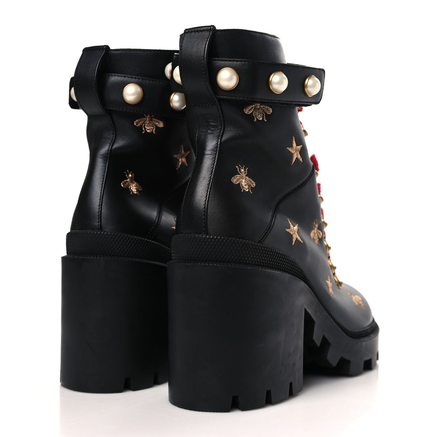 Calfskin Embroidered Lace Up Combat Ankle Boots 40 Black