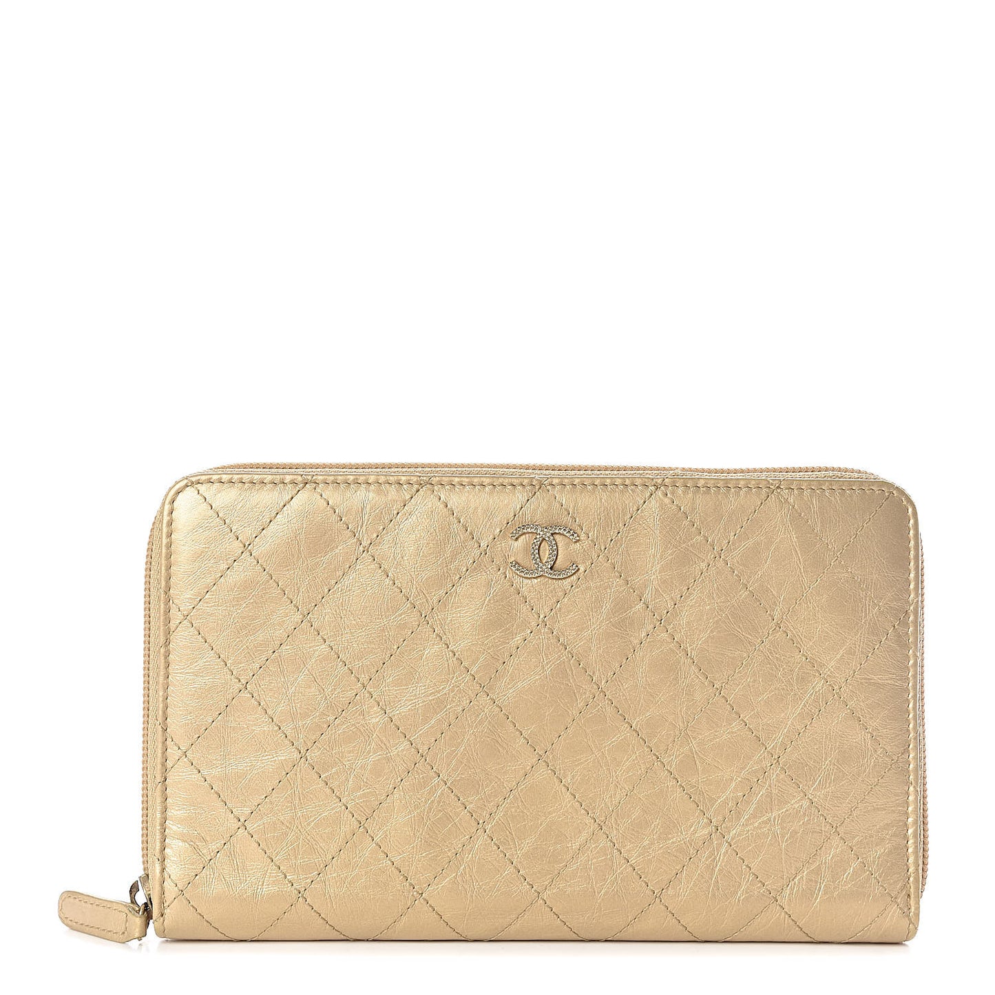 Metallic Aged Calfskin Quilted Palette Large Zip Around Organizer Wallet Gold
