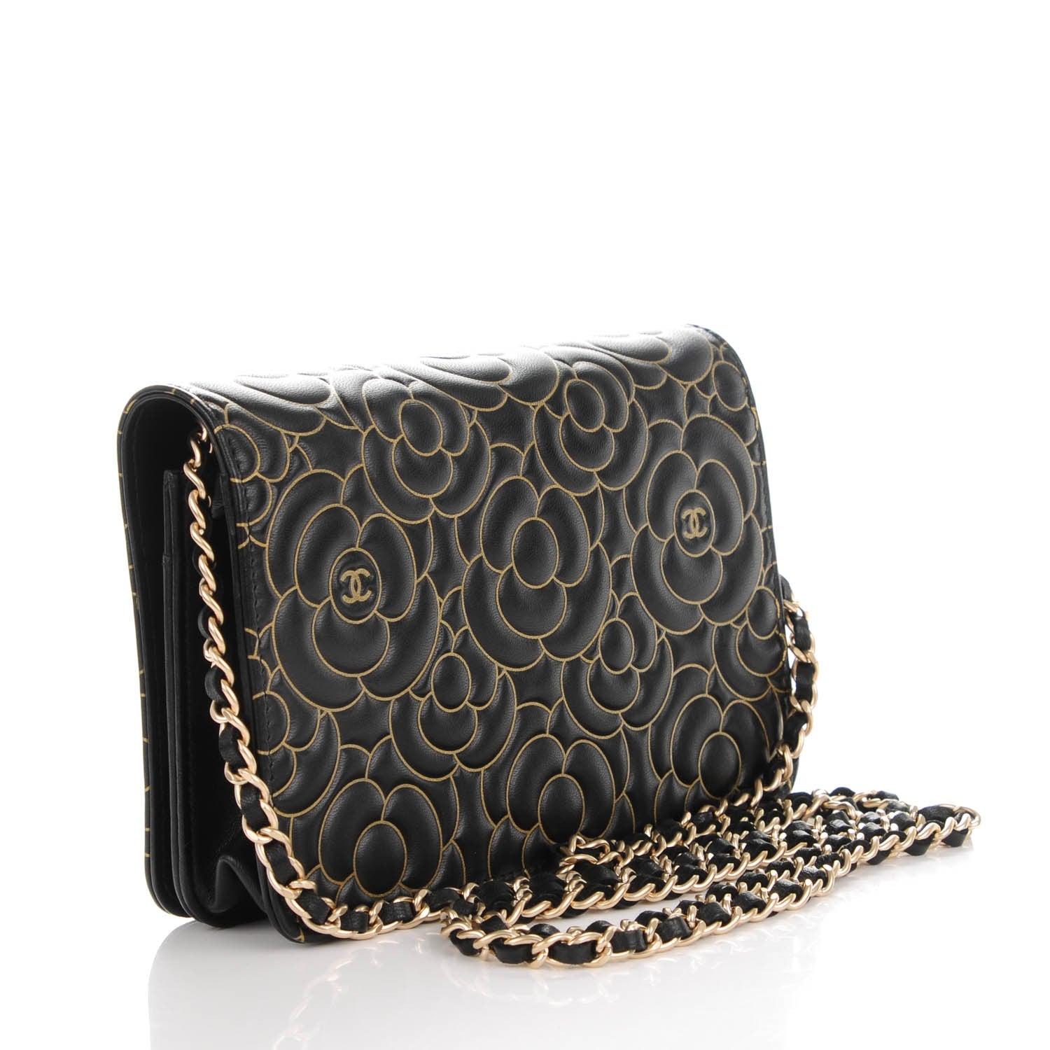 Chanel Lambskin Camellia Embossed Wallet On Chain WOC Black Gold 3 of 8