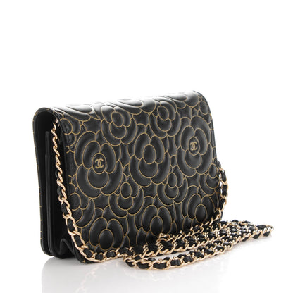 Chanel Lambskin Camellia Embossed Wallet On Chain WOC Black Gold 3 of 8
