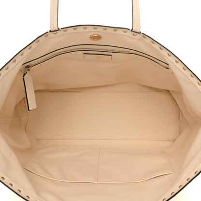 Valentino Garavani Metallic Boucle Raffia Calfskin Rockstud Shoulder Tote White Gold Ivory 5 of 15
