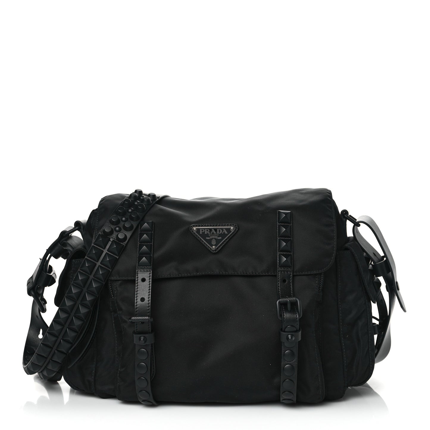 Nylon New Vela Studded Messenger Bag Black