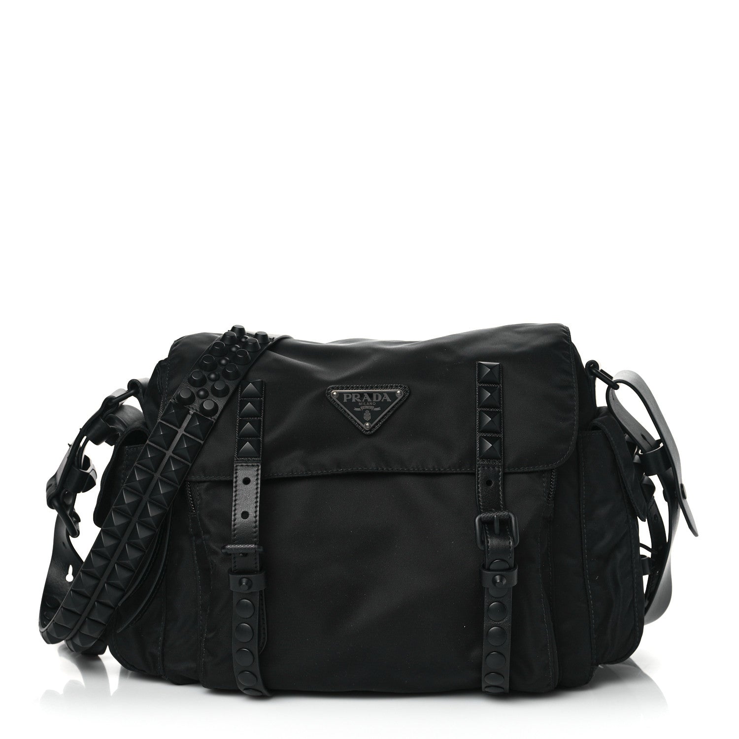 Prada Nylon New Vela Studded Messenger Bag Black 1 of 9