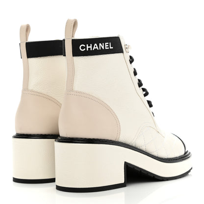 Chanel Pearly Calfskin Patent Calfskin Quilted Lace Up Boots 35 White Light Gray Black 4 of 9