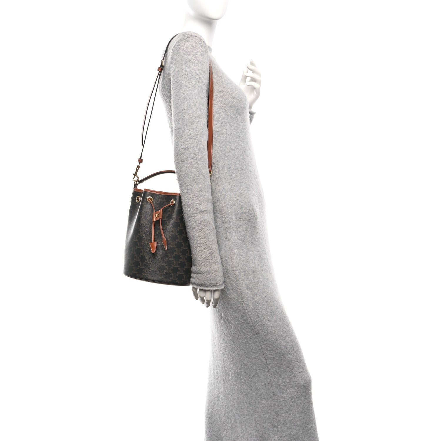 Celine Triomphe Canvas Calfskin Clara Drawstring Bucket Bag Tan 2 of 9