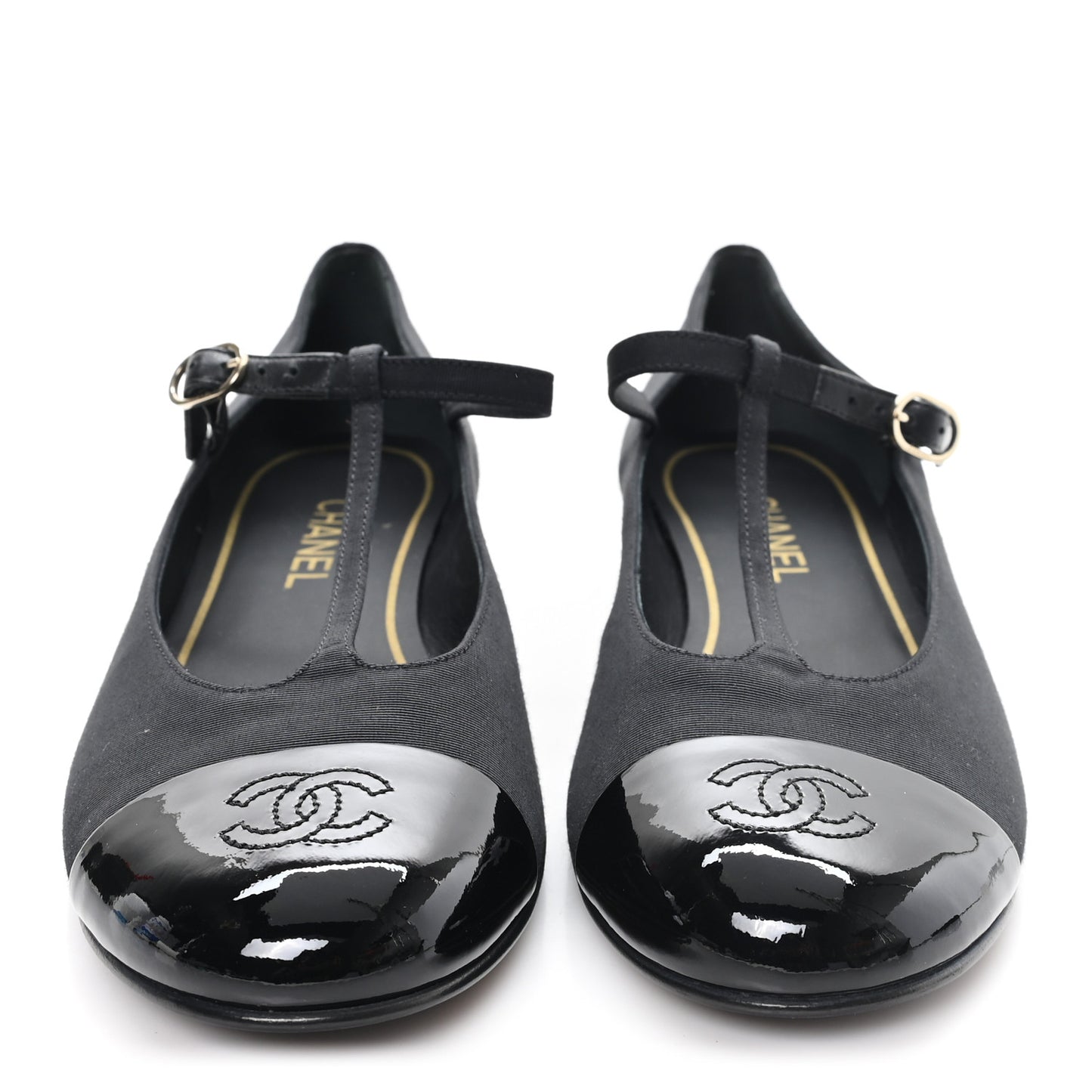 Grosgrain Patent Calfskin Cap Toe T Strap CC Flats 41 Black