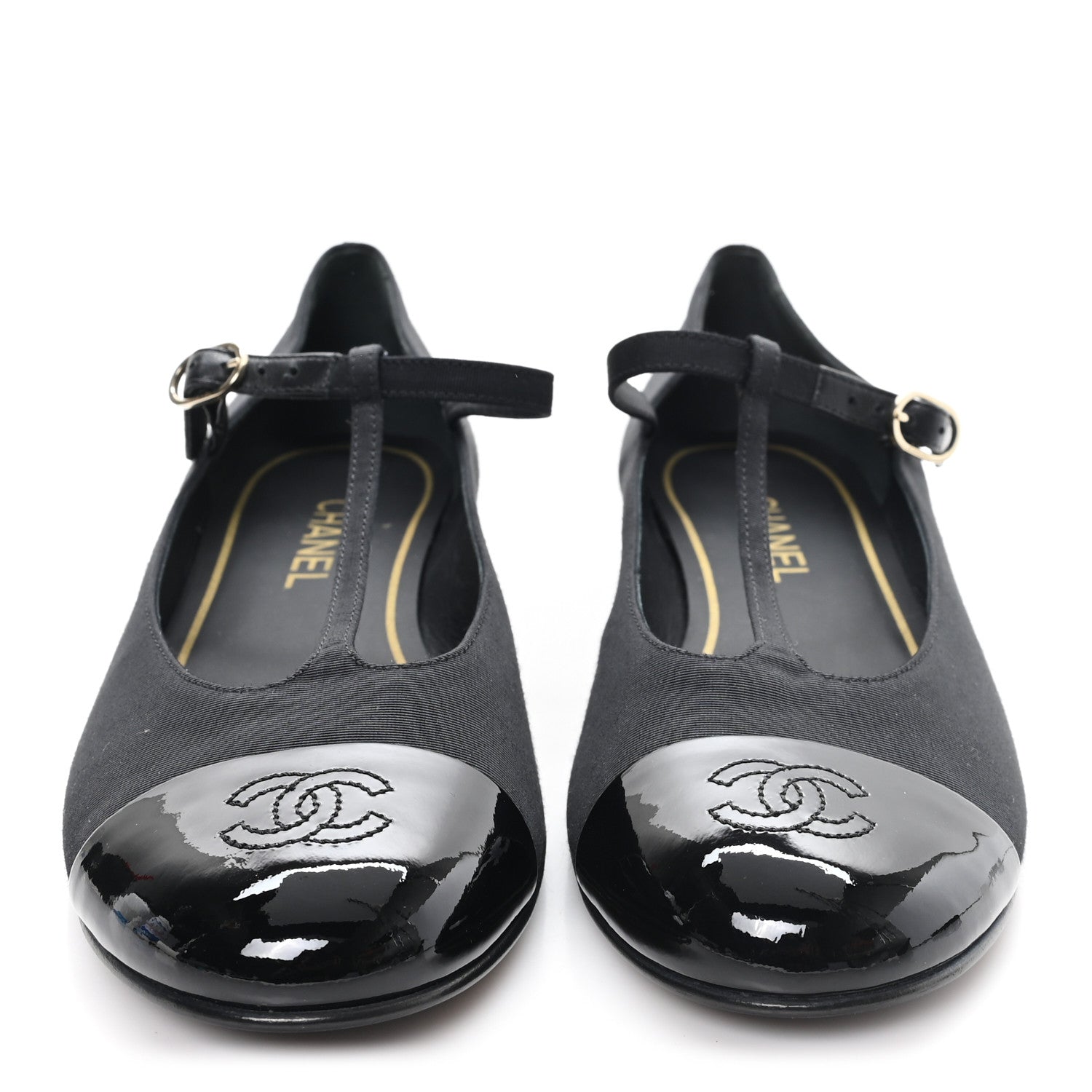 Chanel Grosgrain Patent Calfskin Cap Toe T Strap CC Flats 41 Black 3 of 9