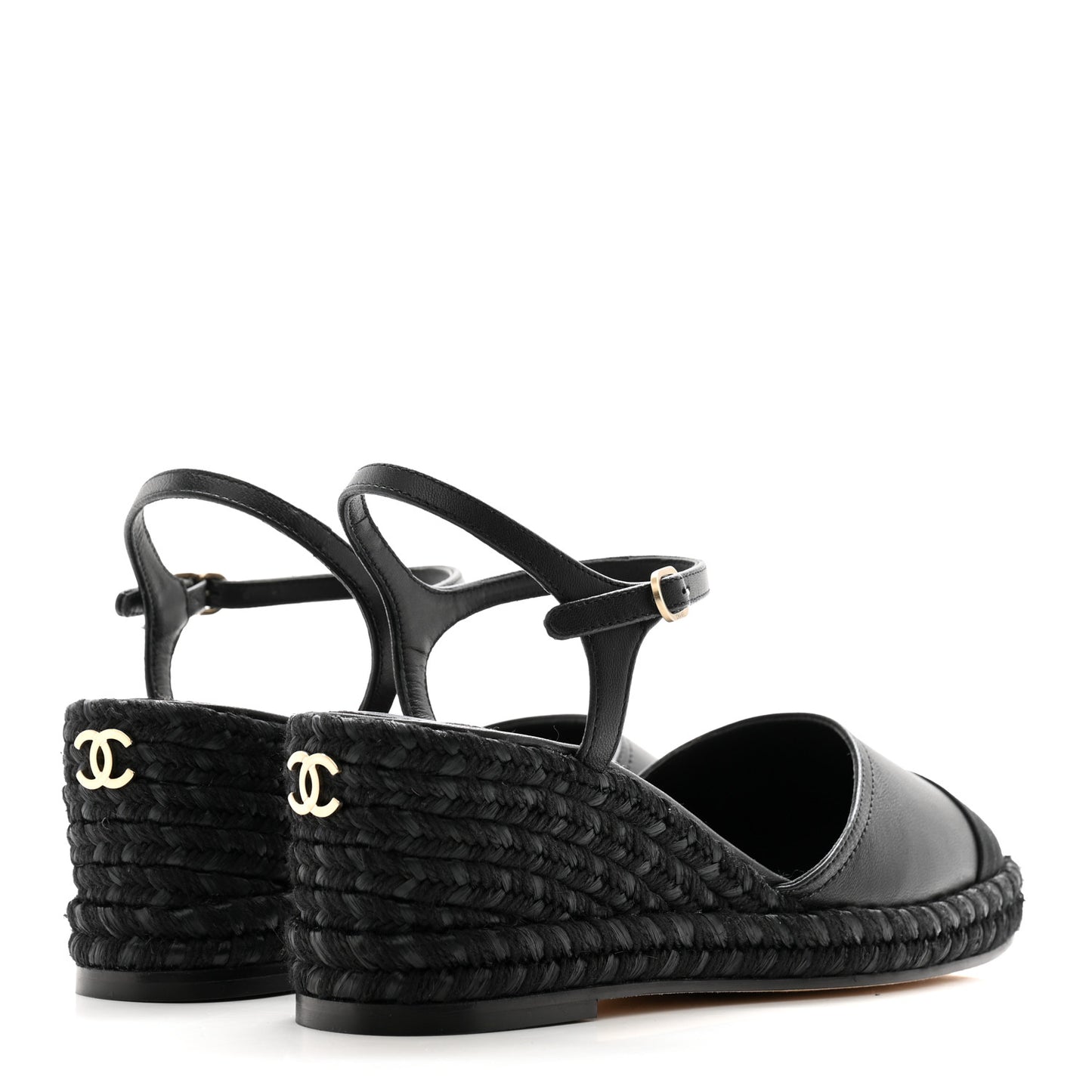 Lambskin Grosgrain CC Espadrilles Wedges 38 Black