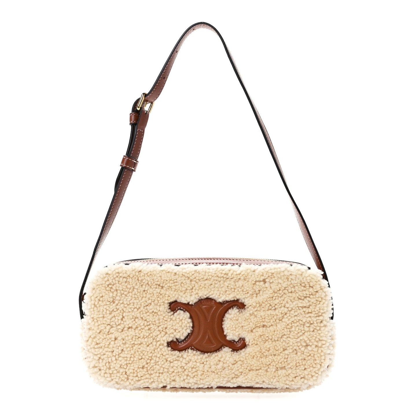 Shearling Calfskin Cuir Triomphe Mini Camera Shoulder Bag Natural Tan