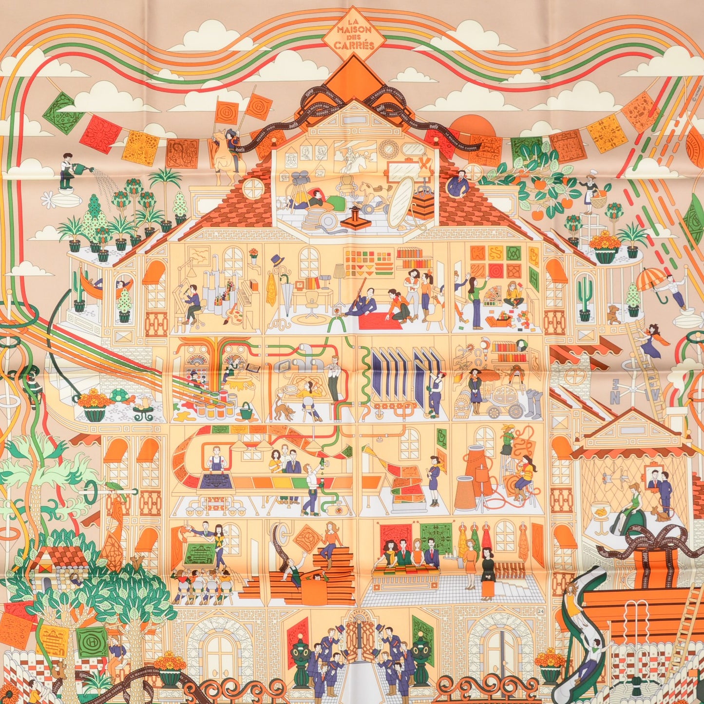 Silk La Maizeon Des Carres 90 Scarf Beige Orange Vert