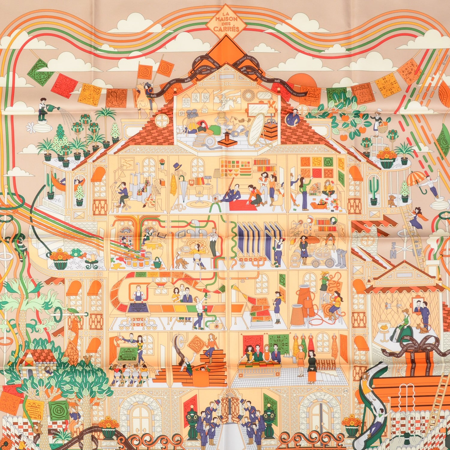 Hermes Silk La Maizeon Des Carres 90 Scarf Beige Orange Vert 1 of 6