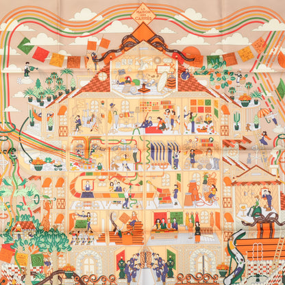 Hermes Silk La Maizeon Des Carres 90 Scarf Beige Orange Vert 1 of 6