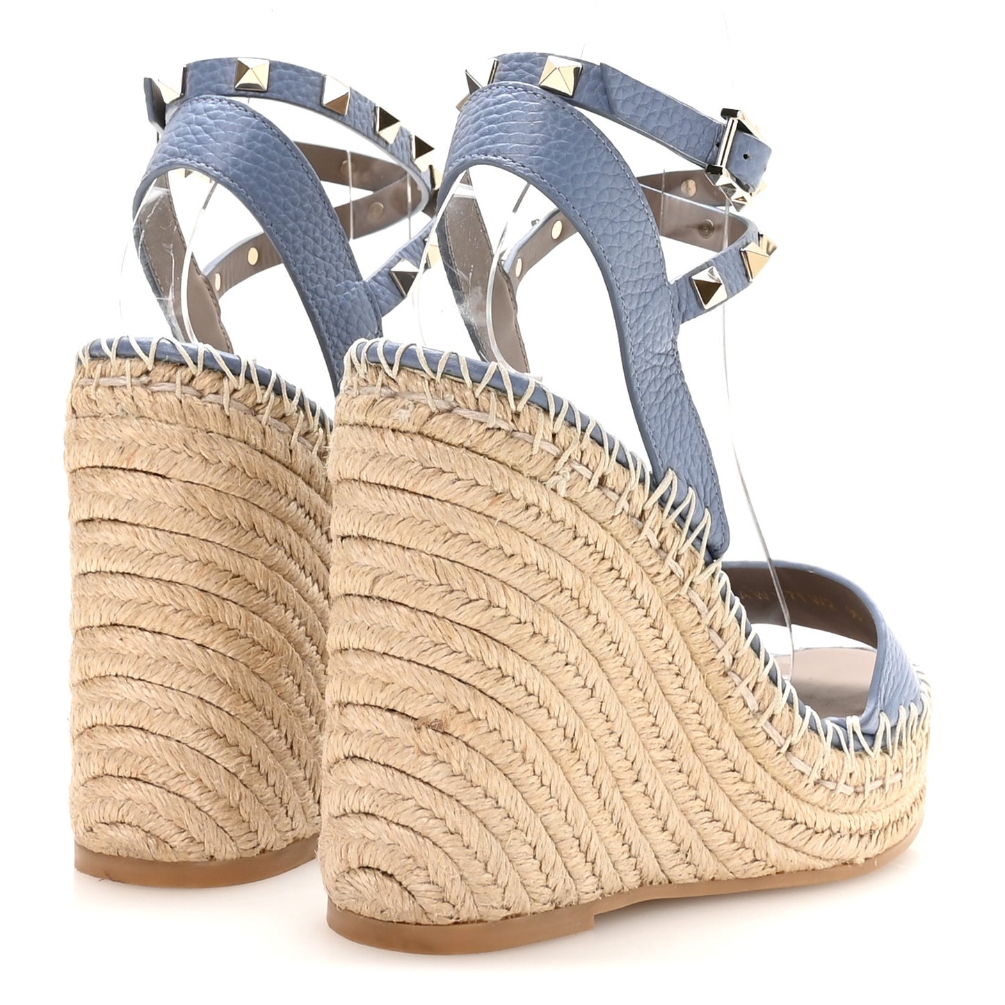 Grained Calfskin Rockstud Ankle Strap Espadrille 15/105mm Wedge Sandals 36 Baltique Natural