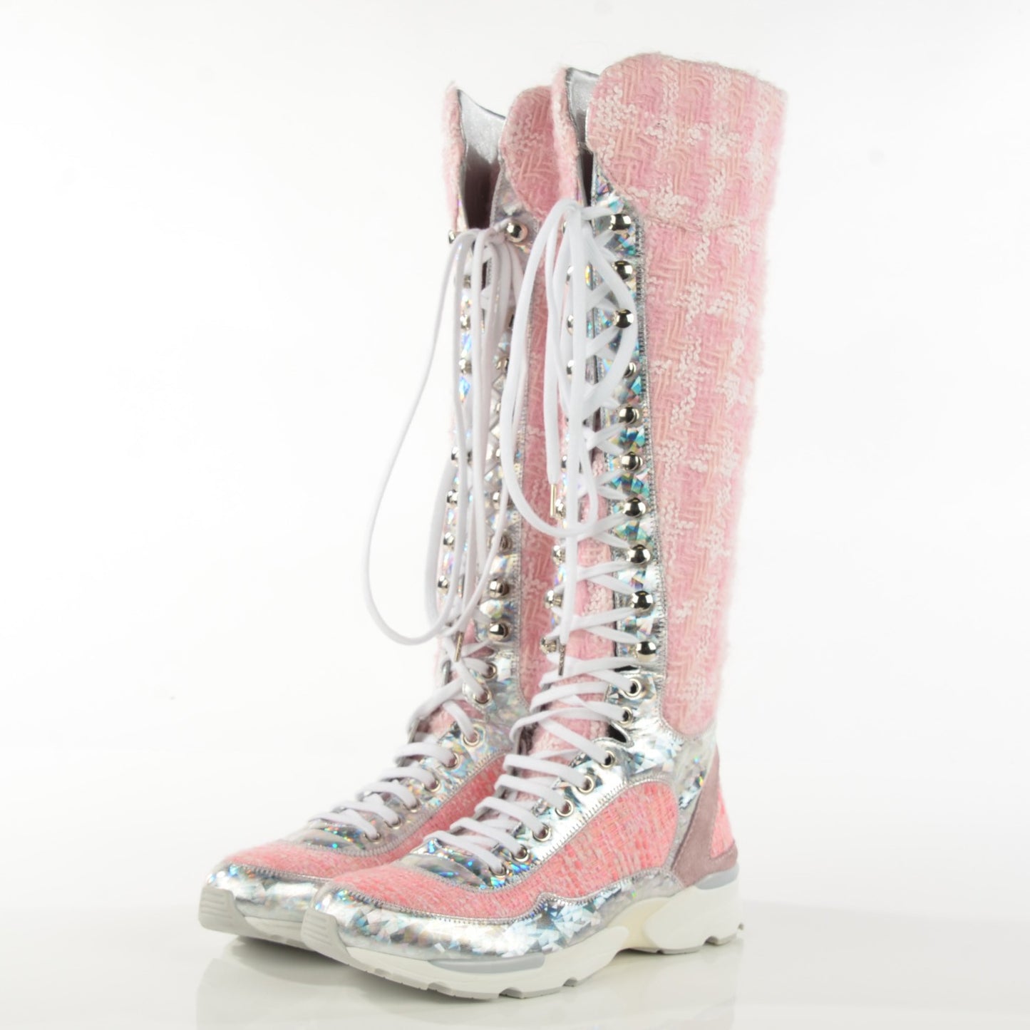 Tweed Suede Calfskin Sneaker High Boots 37 Pink