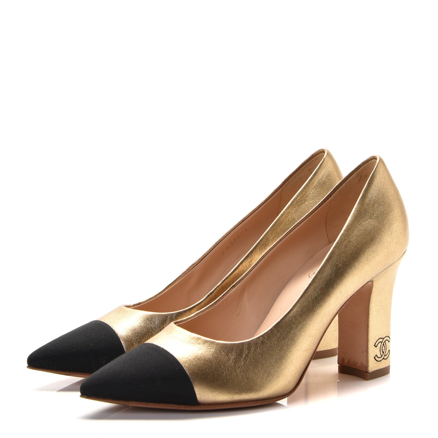 Laminated Lambskin Grosgrain Cap Toe CC Pumps 37.5 Gold Black