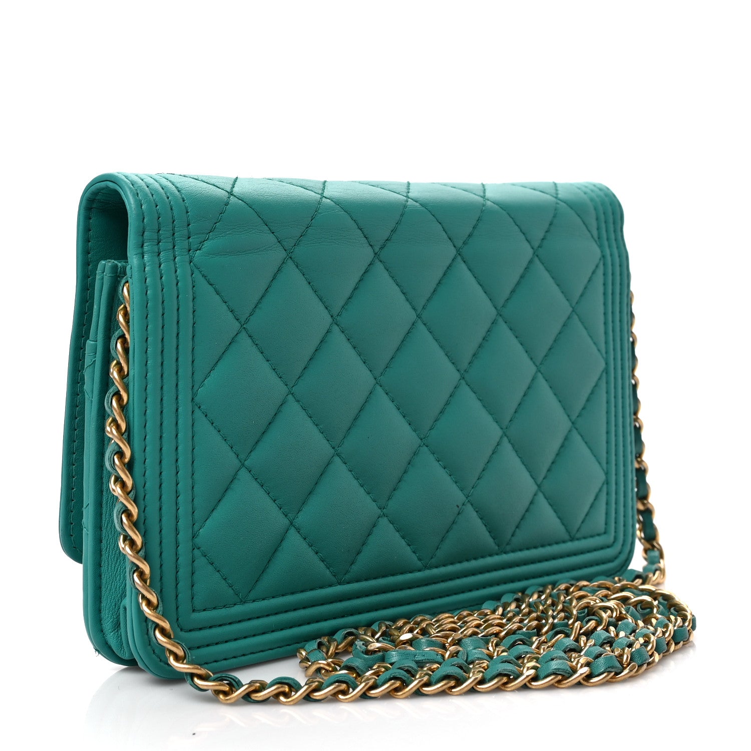 Chanel Lambskin Quilted Boy Wallet On Chain WOC Turquoise 4 of 9