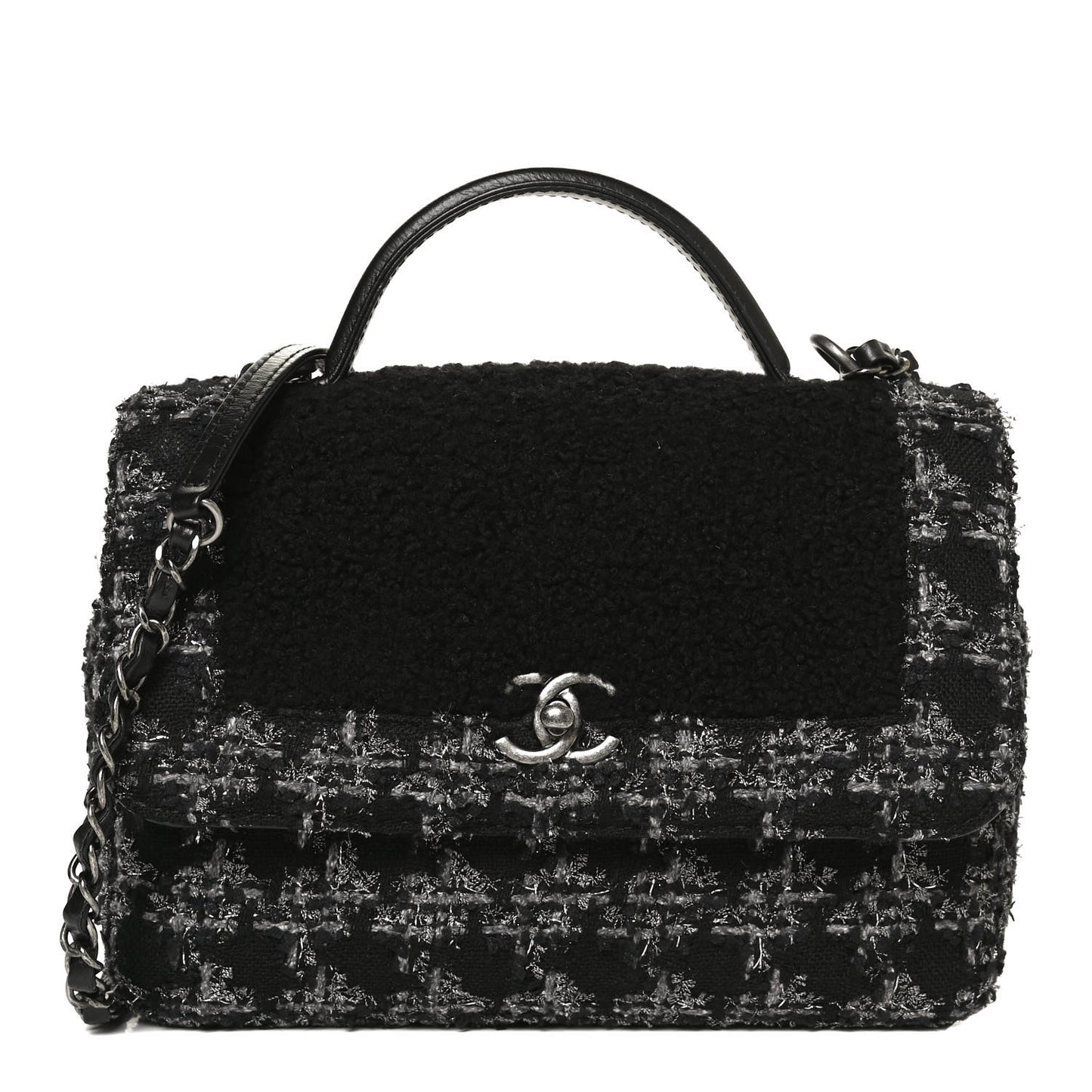 Shearling Tweed Medium Handle Boy Flap Black Grey