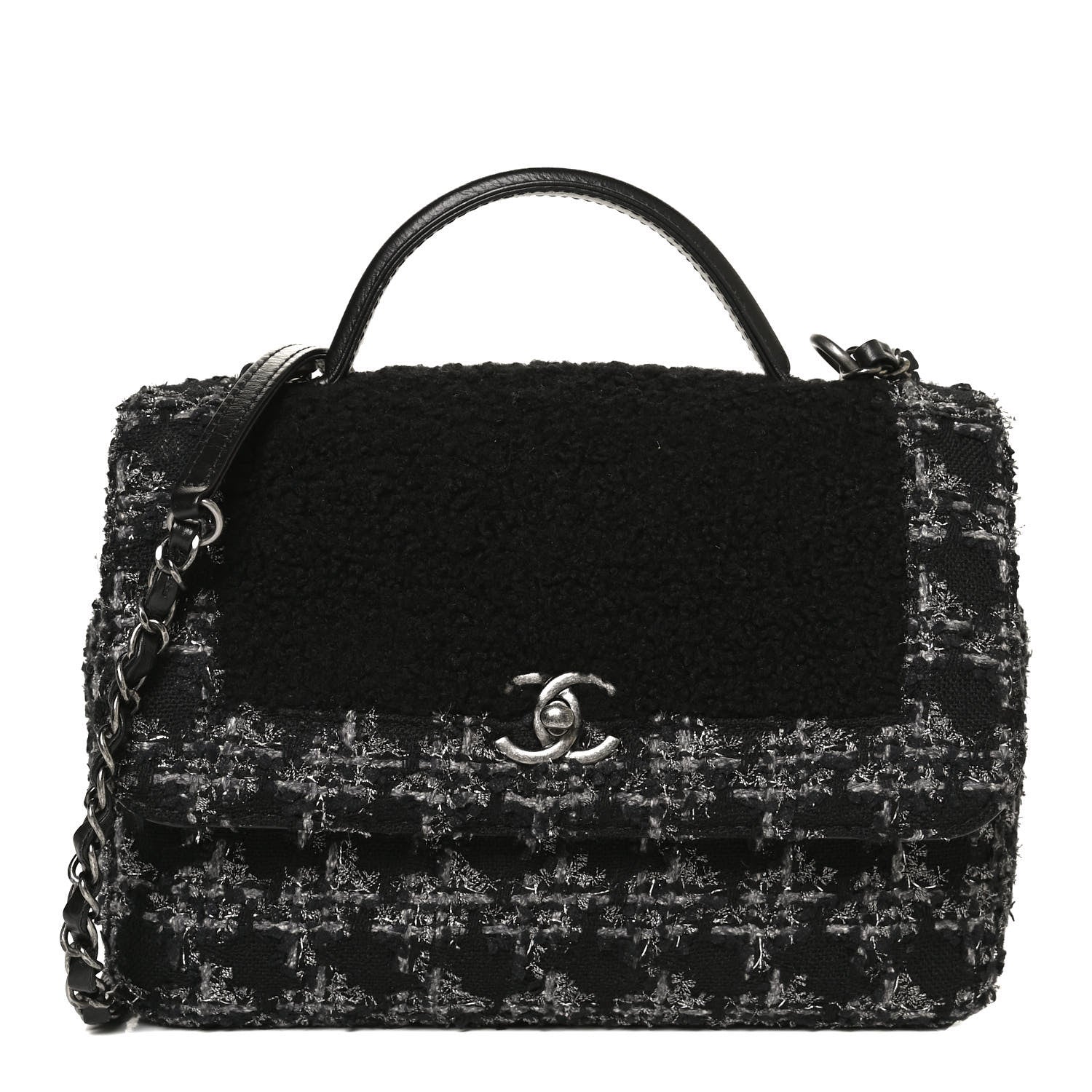 Chanel Shearling Tweed Medium Handle Boy Flap Black Grey 1 of 10