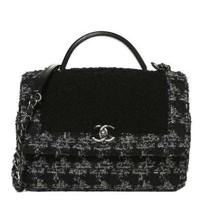 Chanel Shearling Tweed Medium Handle Boy Flap Black Grey 1 of 10