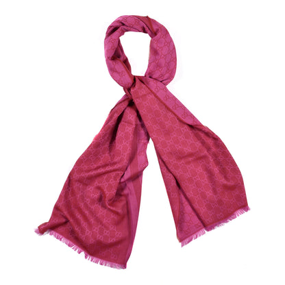 Gucci Wool Silk GG Monogram GGWeblong Fringe Scarf Shawl Red Pink 1 of 4