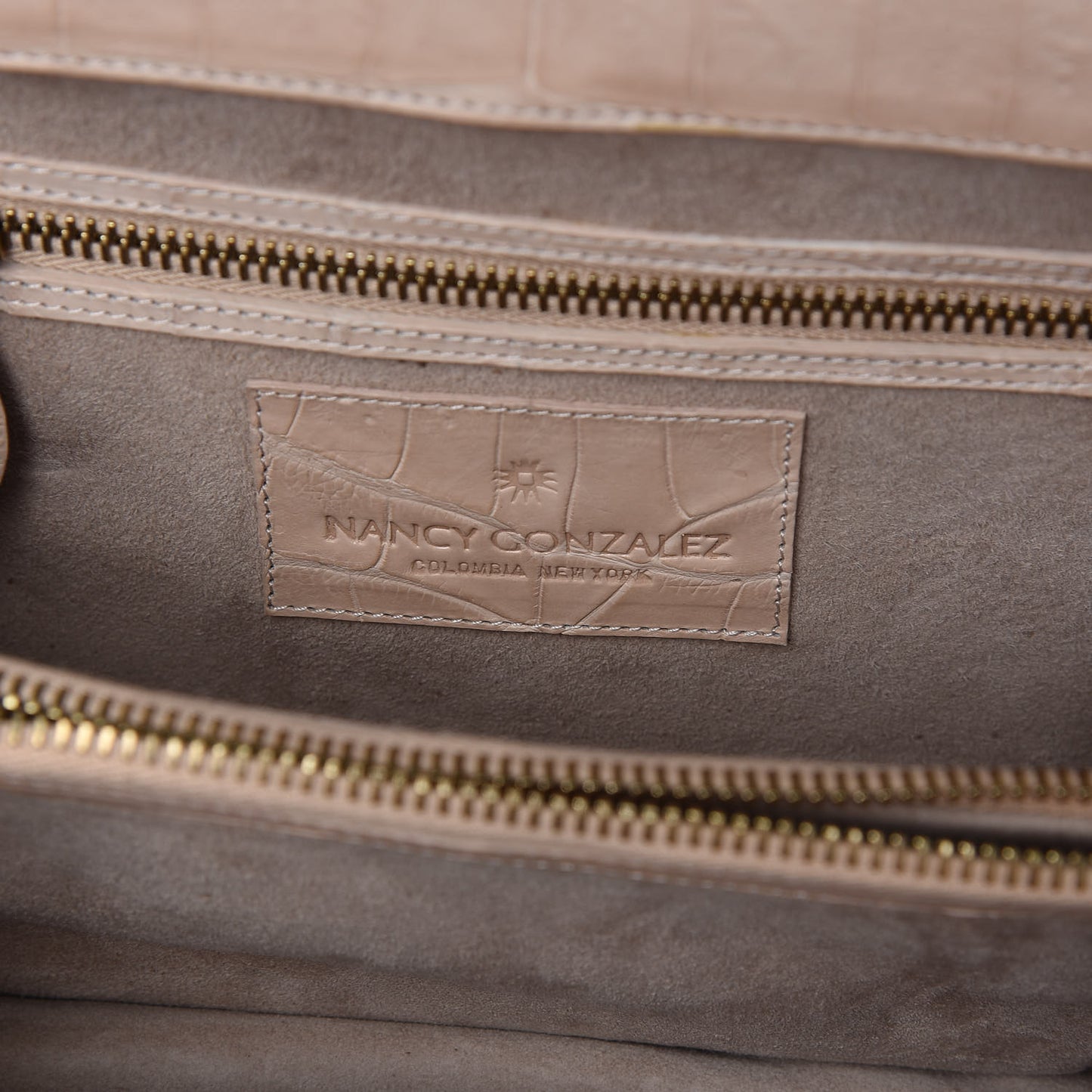 Crocodile Embroidered Floral Top Handle Bag Beige